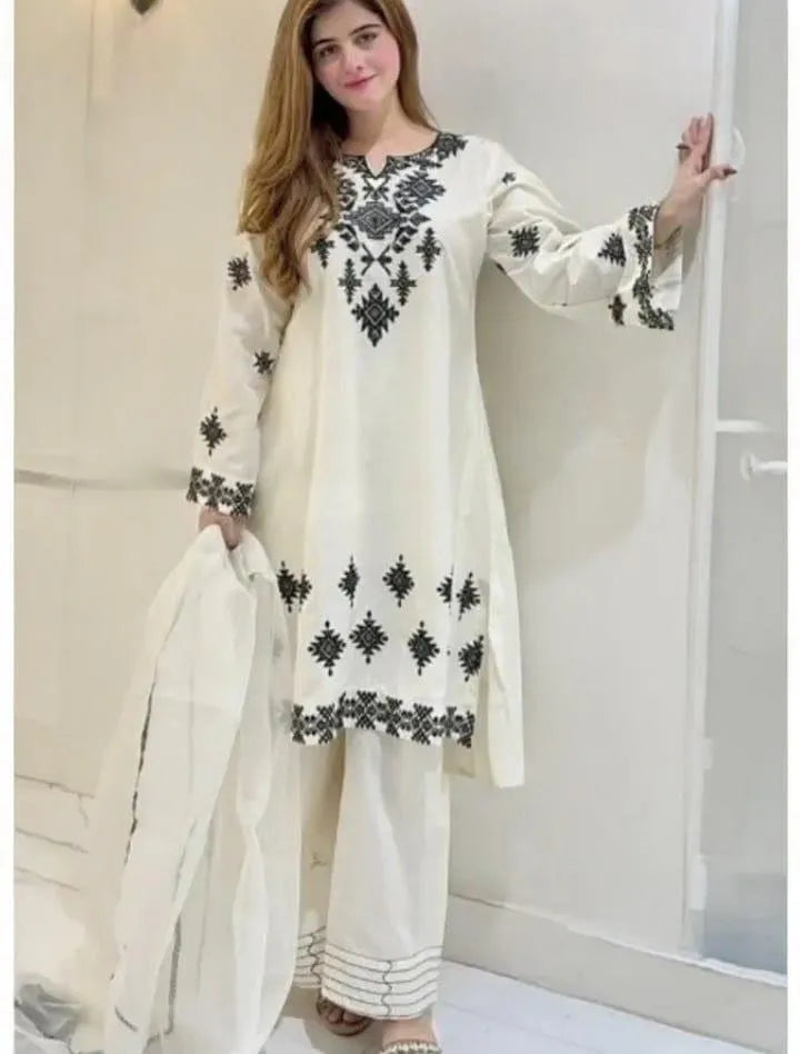 Women Linen Embroidered Shirt Trouser Set White 2Pcs Medium to XXL