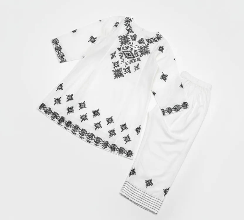 Women Linen Embroidered Shirt Trouser Set White 2Pcs Medium to XXL