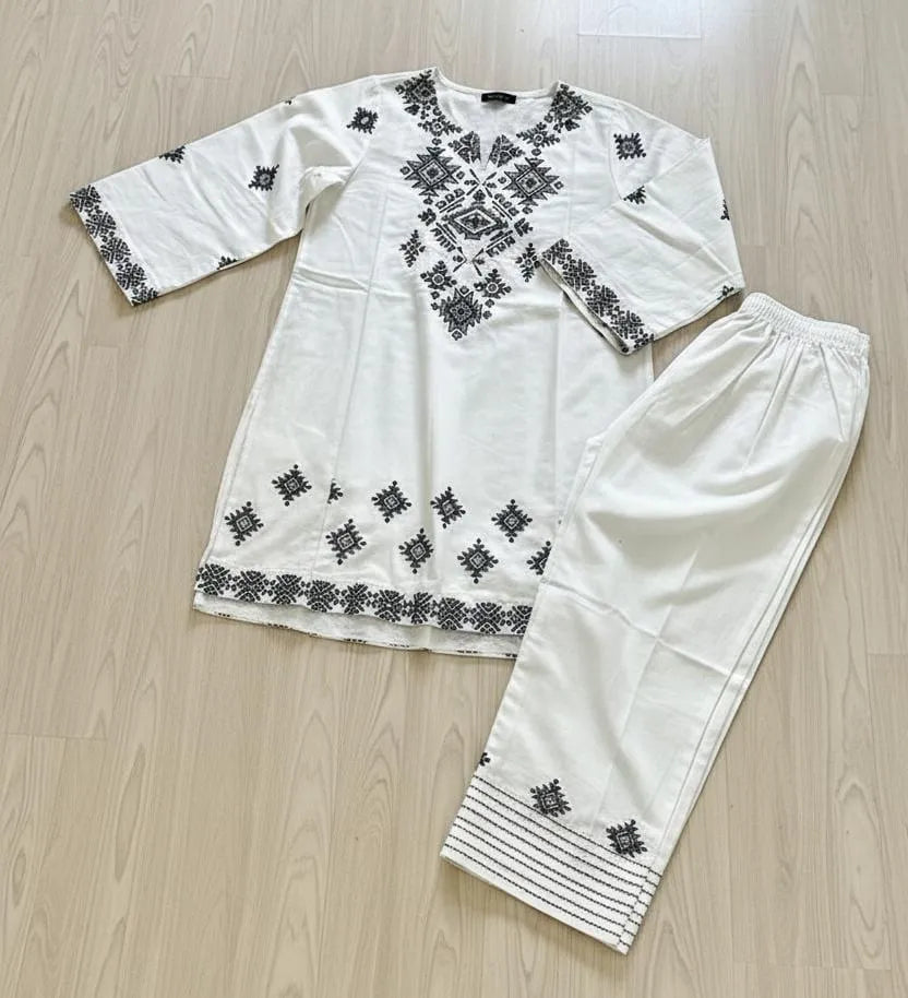 Women Linen Embroidered Shirt Trouser Set White 2Pcs Medium to XXL