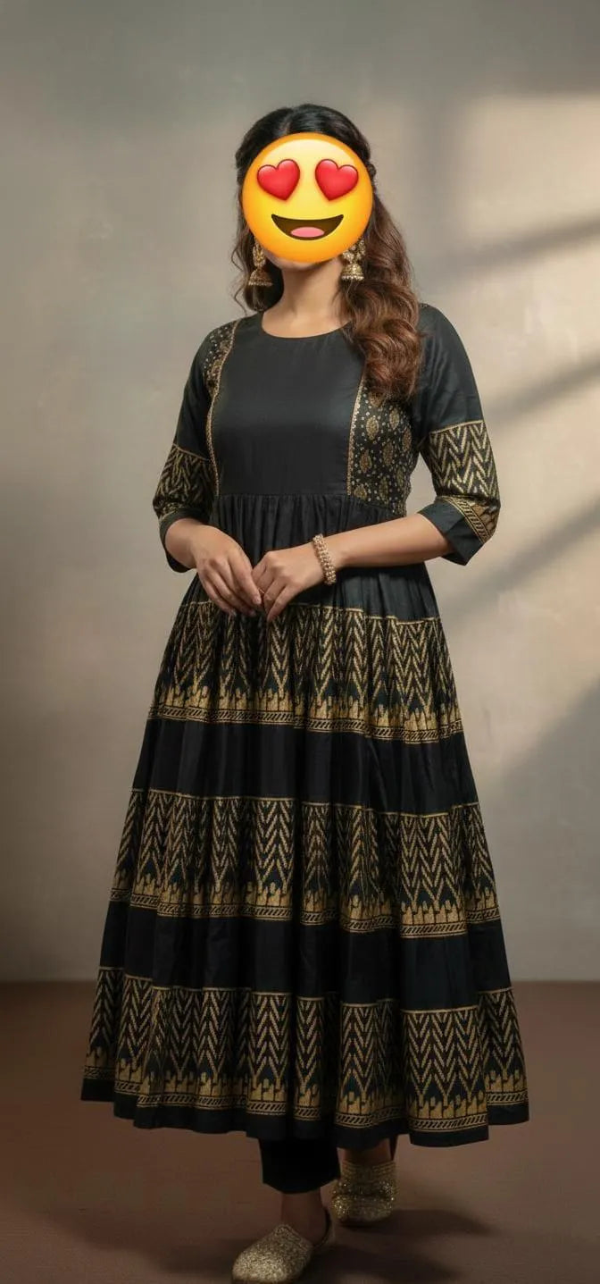 Black Silk Block Printed Maxi & Trouser Set for Women