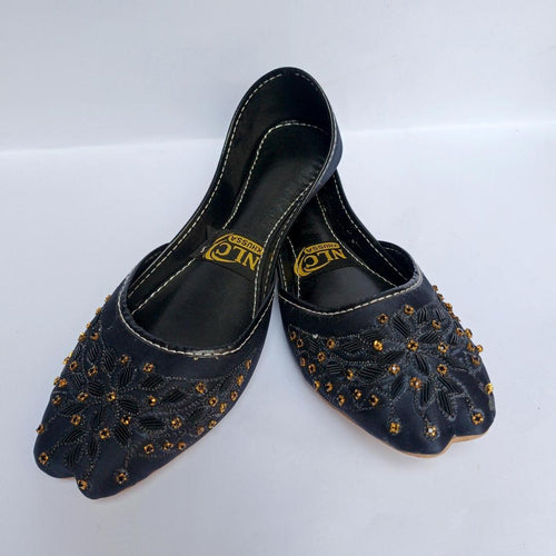 Black Women's Khussas with Beaded Embroidery & Synthetic Leather