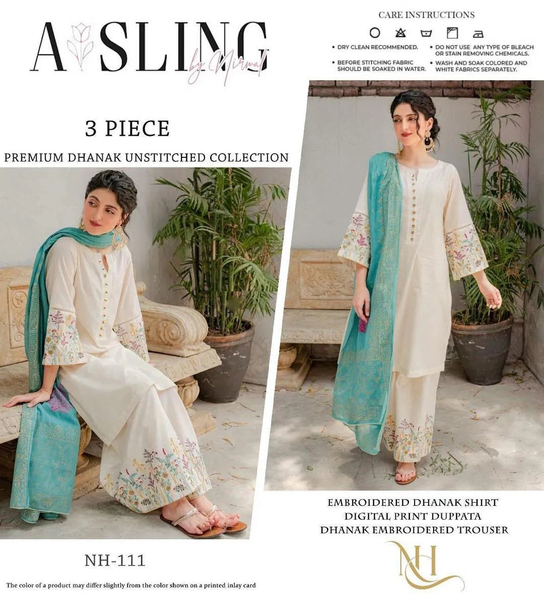 3 Piece Embroidered Dhanak Suit White Blue