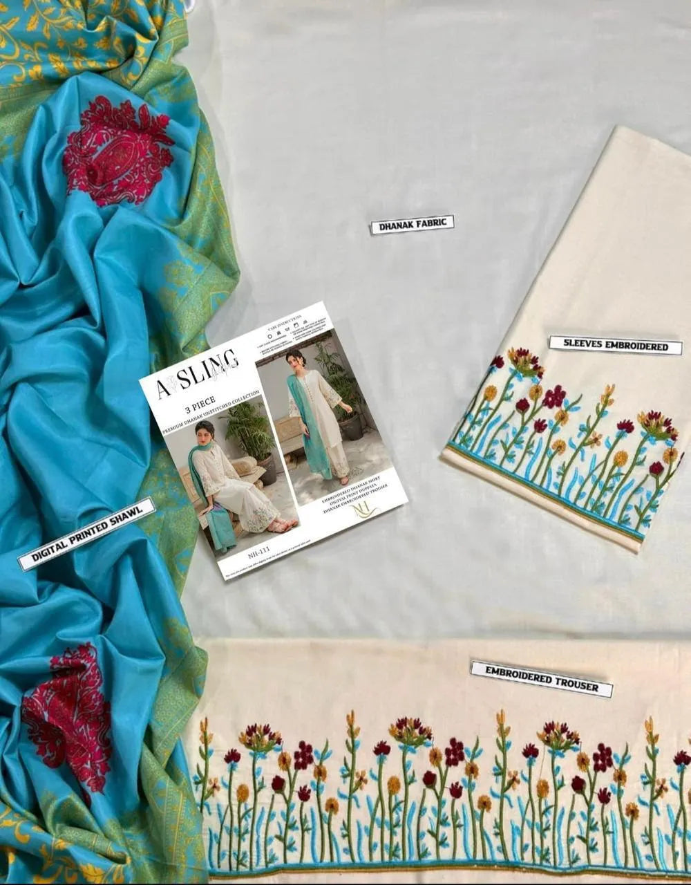 3 Piece Embroidered Dhanak Suit White Blue