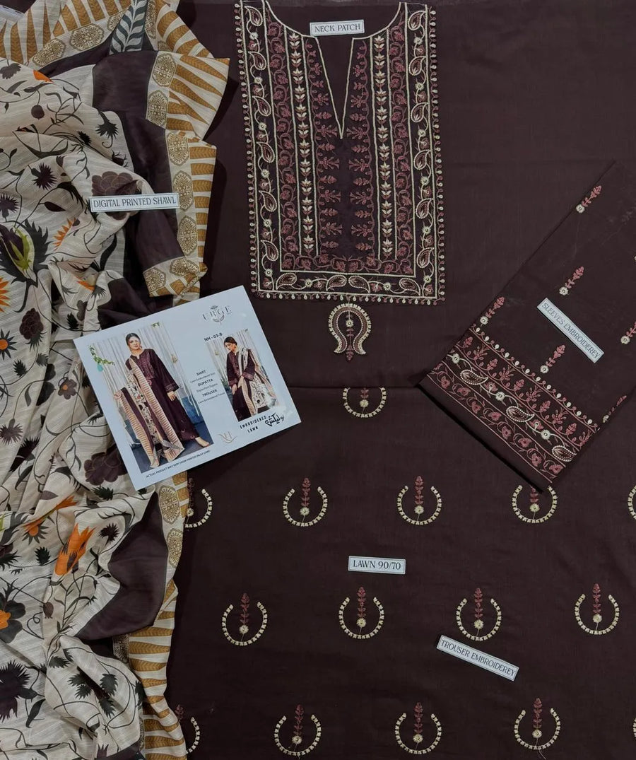 3-Piece Brown Lawn Embroidered Suit with Printed Dupatta