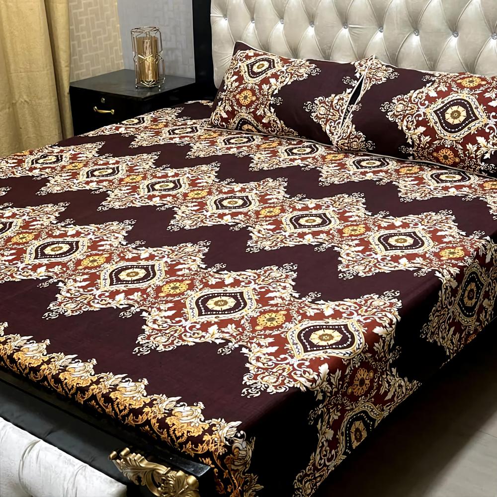 Crystal Cotton Printed Double Bedsheet Set Brown 3-Piece