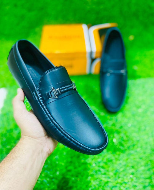 Men's Black Rexine Loafer Shoes with Metal Accents