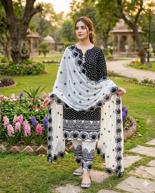 Black Digital Print Lawn Shirt with Embroidered Cotton Trouser & Chiffon Dupatta