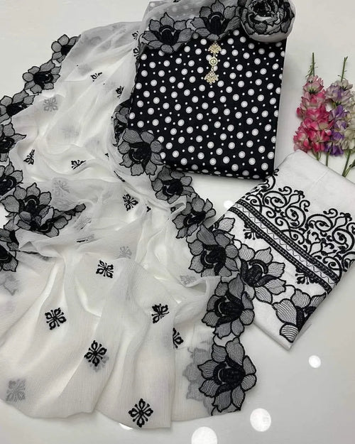 Black Digital Print Lawn Shirt with Embroidered Cotton Trouser & Chiffon Dupatta