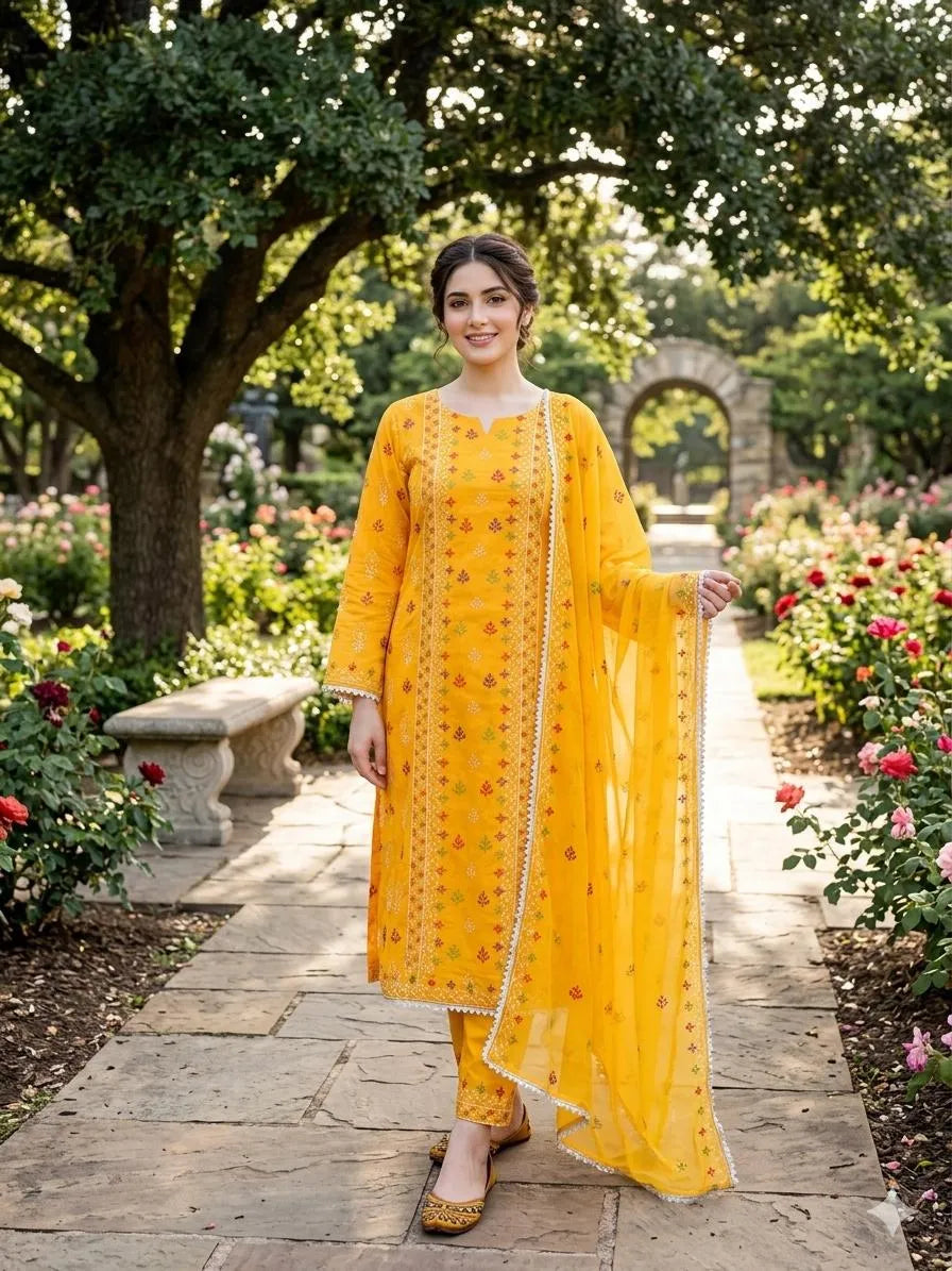 Yellow Embroidered Kurta Pajama Set for Women
