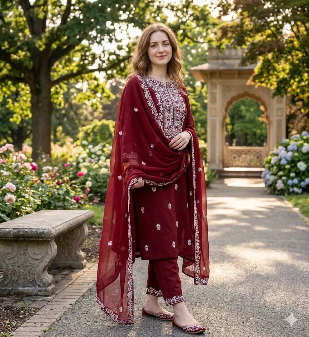 Maroon Chikankari Lawn 3Pcs Embroidered Set