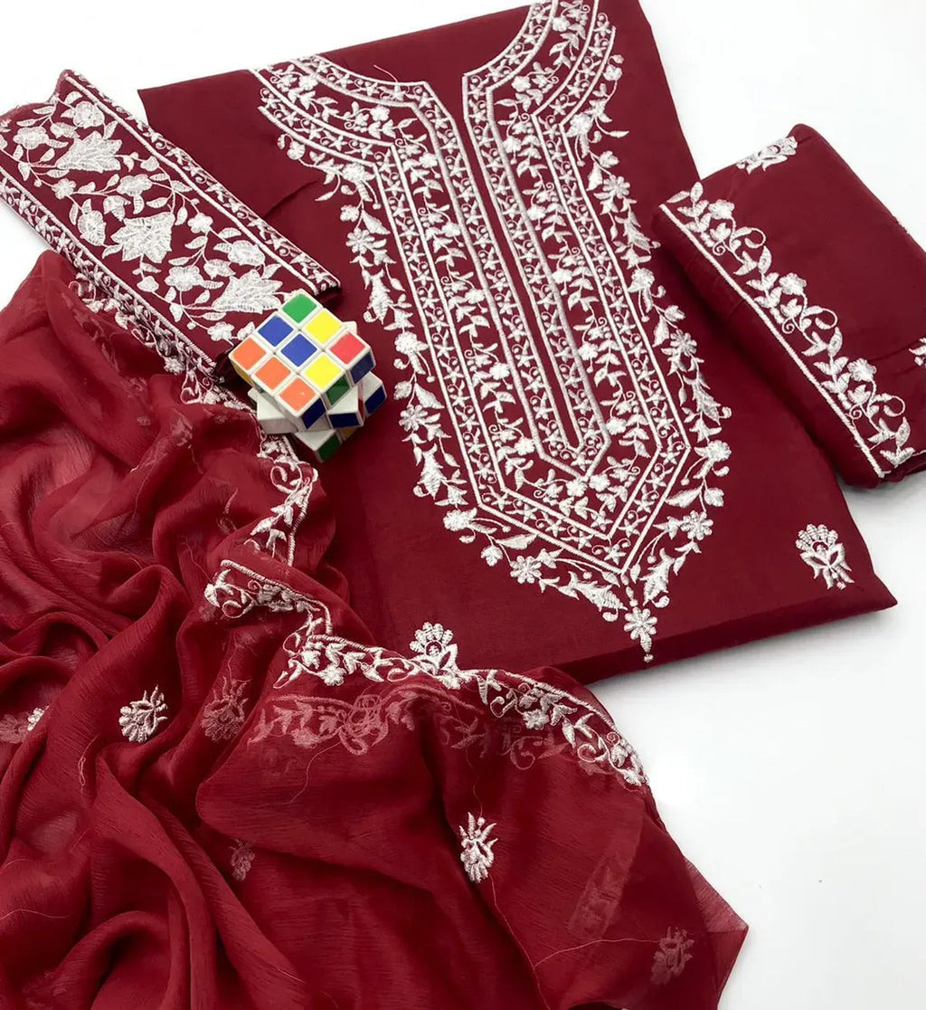 Maroon Chikankari Lawn 3Pcs Embroidered Set