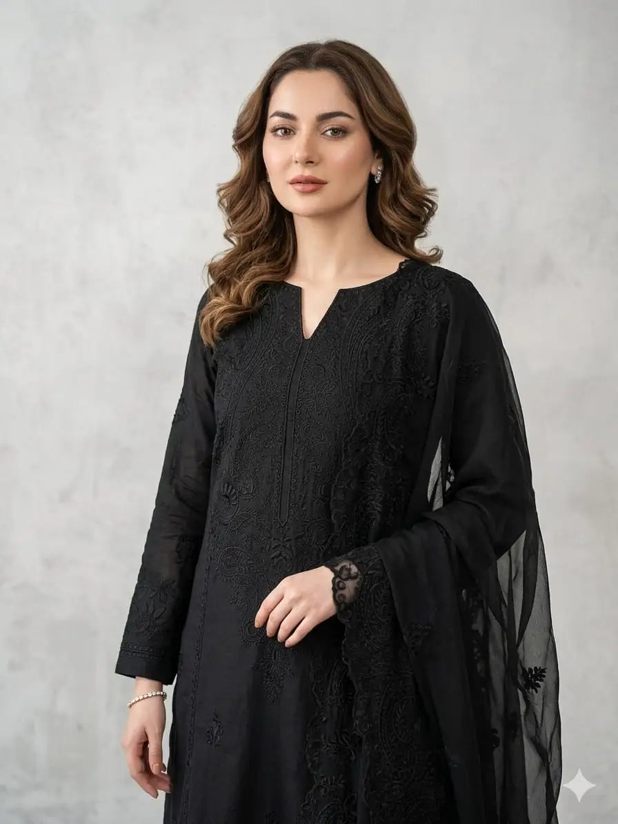 3 Pcs Women's Unstitched Chikankari Embroidered Suit