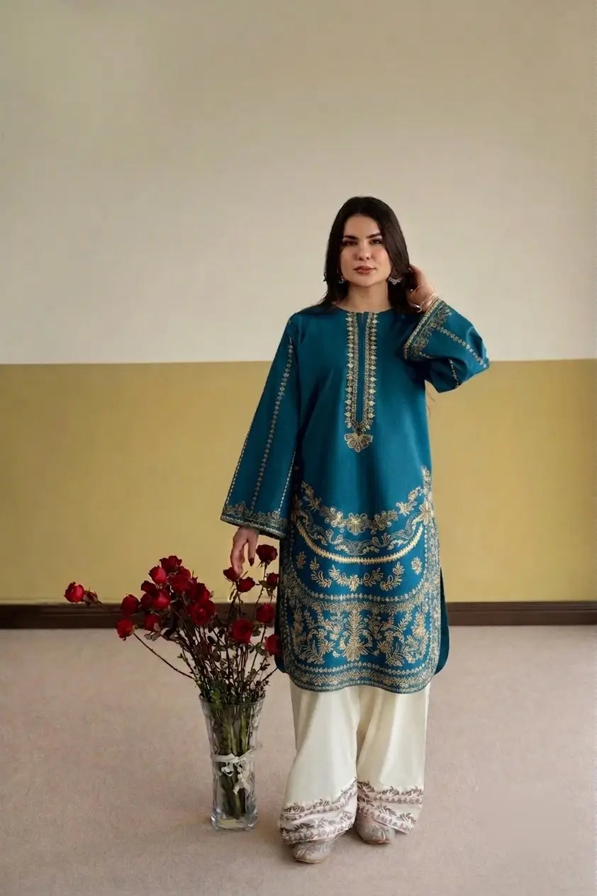 2 Pcs Women's Stitched Cotton Embroidered Co-Ord Set