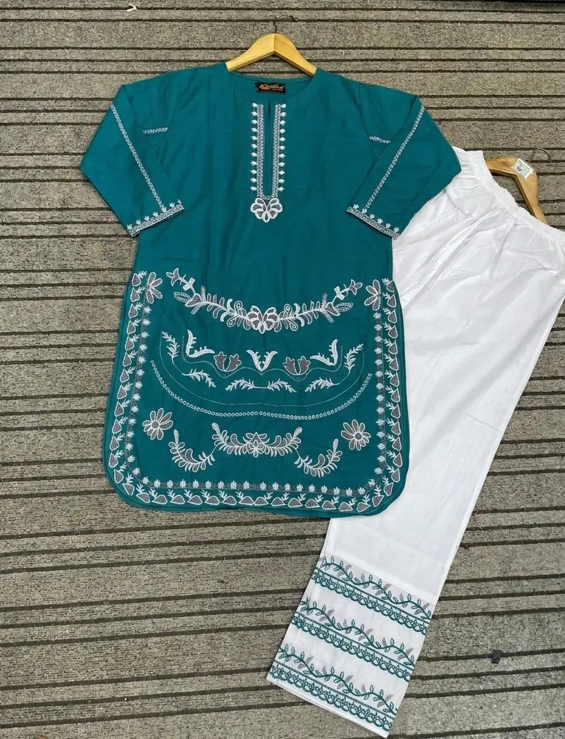 2 Pcs Women's Stitched Cotton Embroidered Co-Ord Set