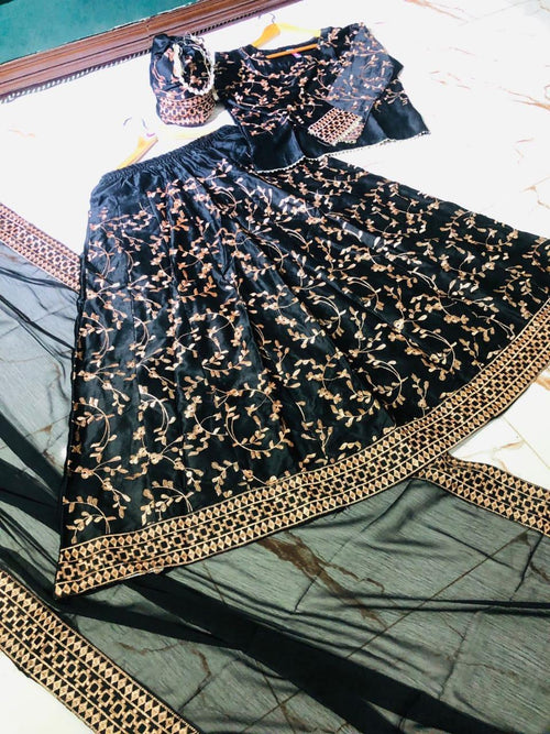 Black Lehenga Choli Set Shamoz Silk 4-Piece Embroidered