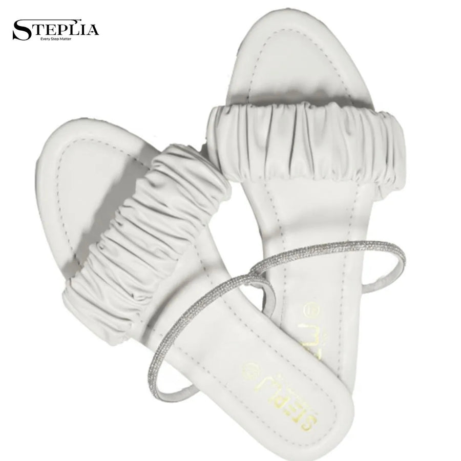 White Rexine Women's Flat Flats with Ruffled Strap