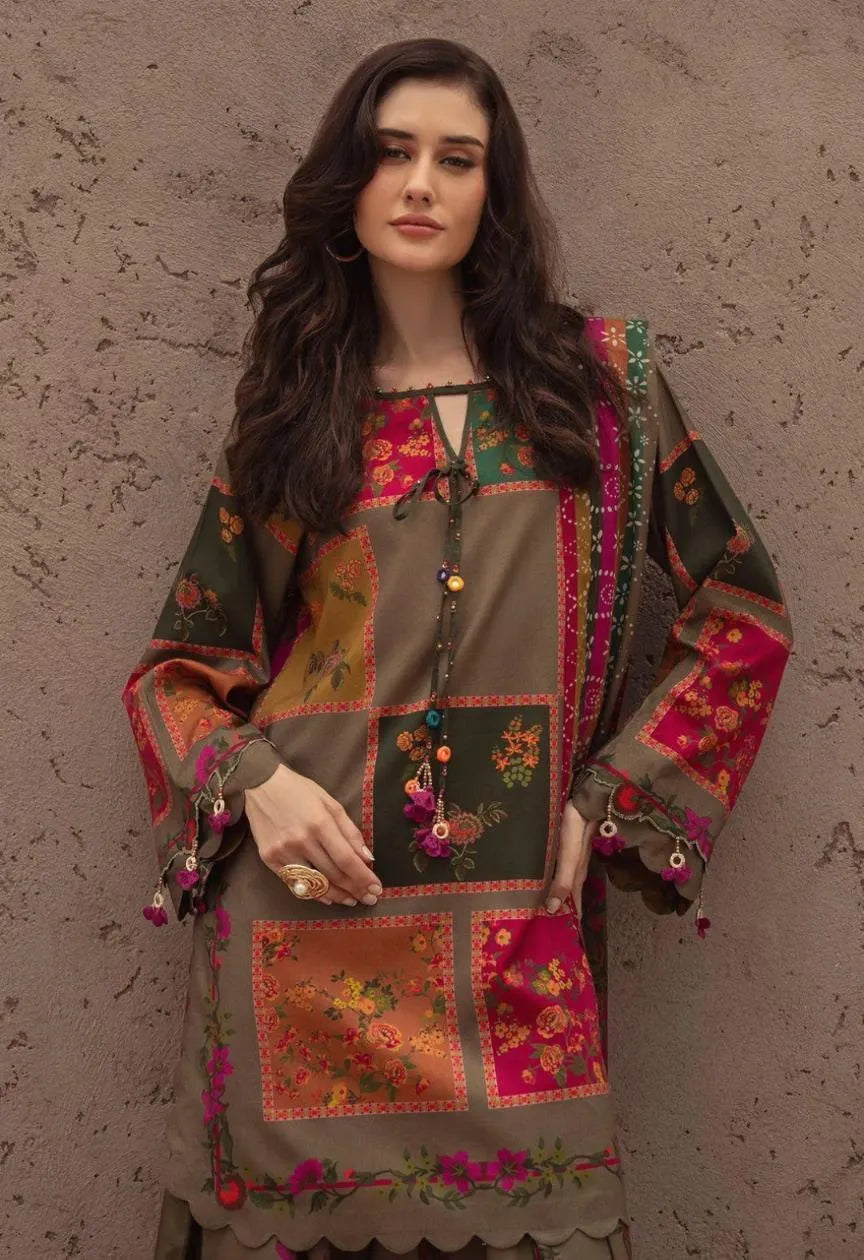 Brown Printed Lawn 3Pcs Set Shirt Trouser Dupatta