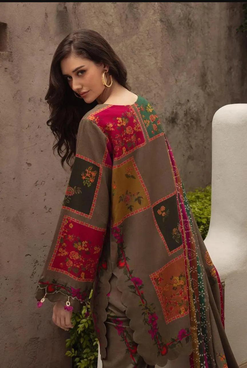 Brown Printed Lawn 3Pcs Set Shirt Trouser Dupatta