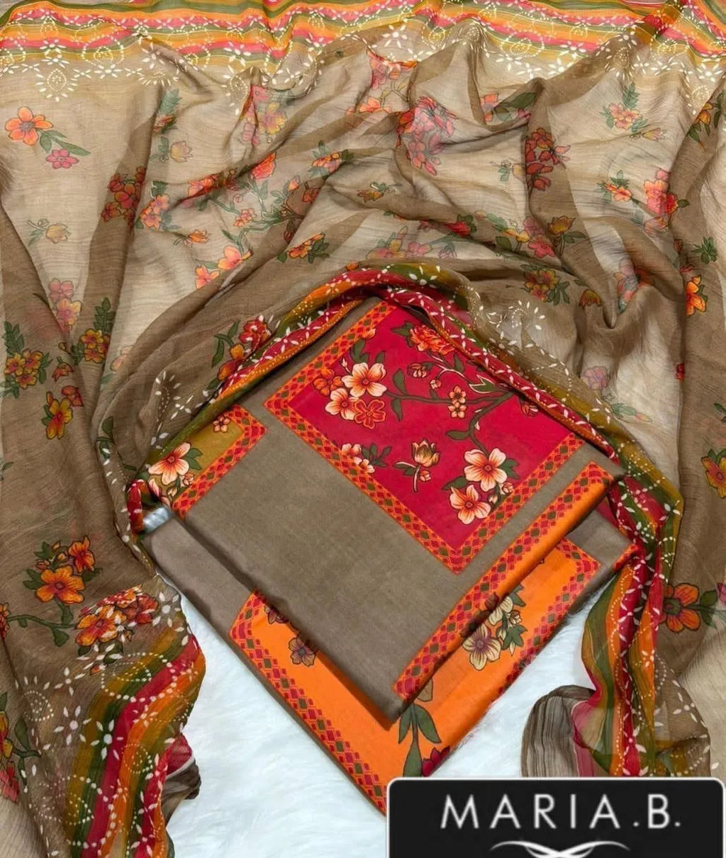 Brown Printed Lawn 3Pcs Set Shirt Trouser Dupatta