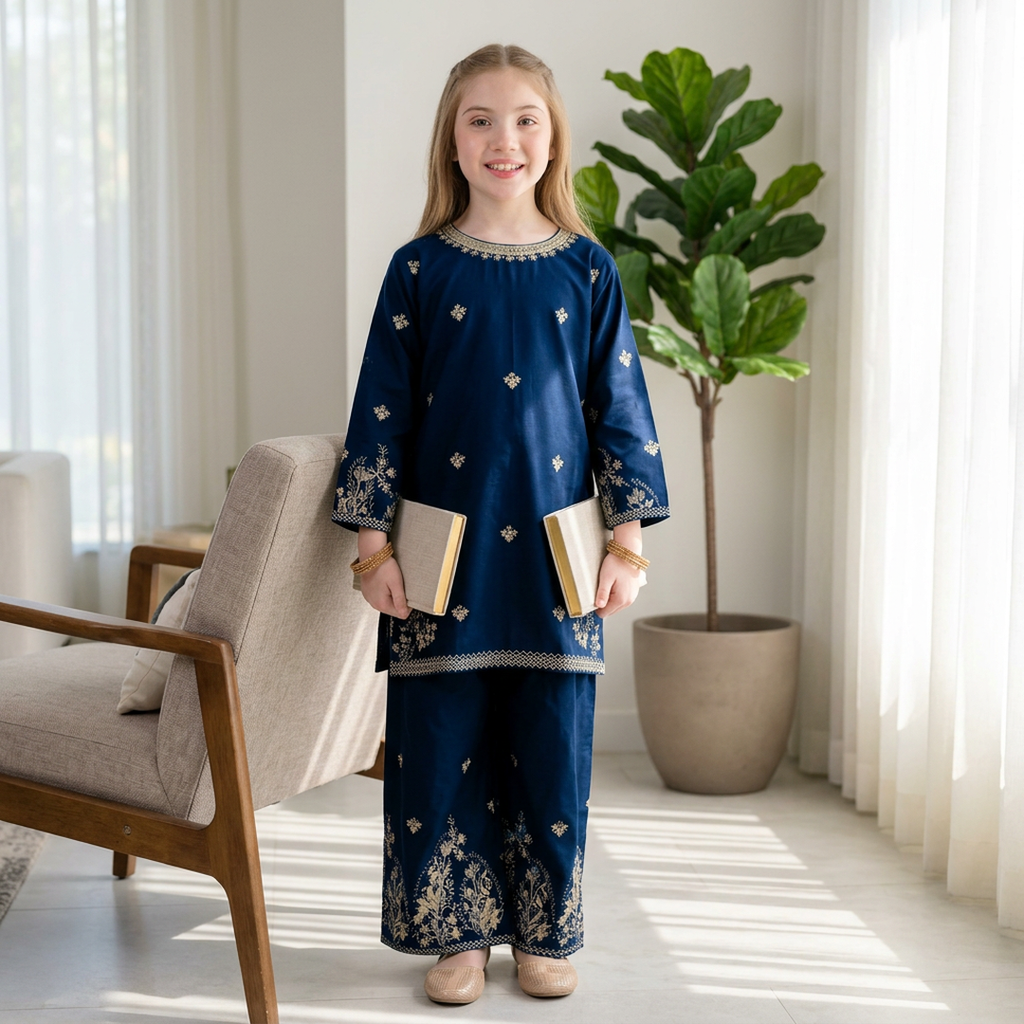 Cotton Embroidered Kurta Trouser Set for Girls 7-12 Years Blue