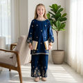 Cotton Embroidered Kurta Trouser Set for Girls 7-12 Years Blue