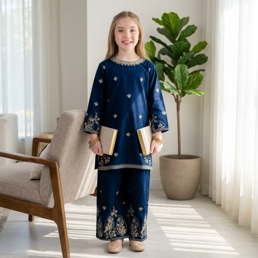Cotton Embroidered Kurta Trouser Set for Girls 7-12 Years Blue