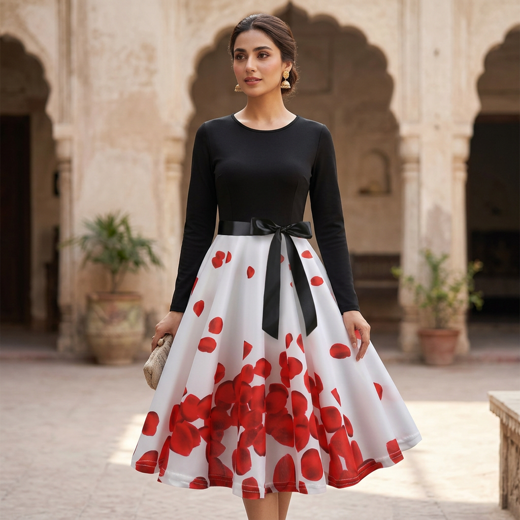 Women Retro Print Long Sleeve Slim Dress