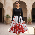 Women Retro Print Long Sleeve Slim Dress