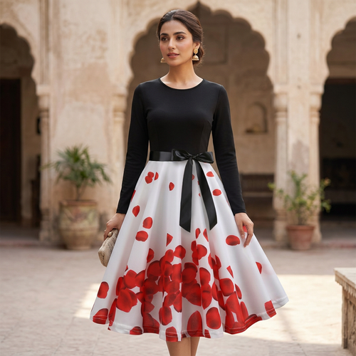 Women Retro Print Long Sleeve Slim Dress