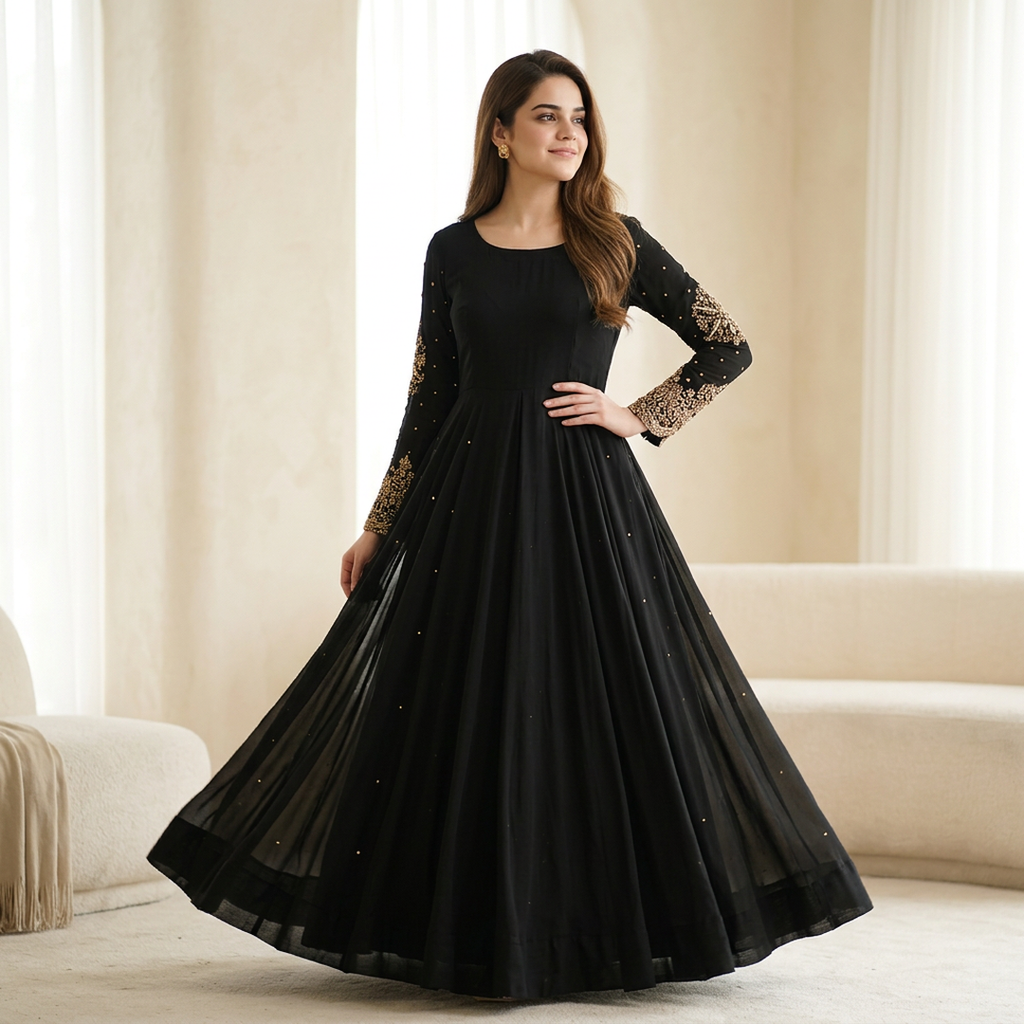 Black Maxi Suit with Gold Embroidery for Eid & Weddings