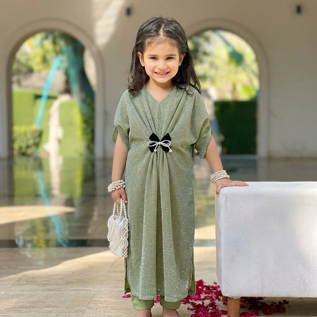 Girls Green Frock Trouser Set with Bow for Eid Independence Day