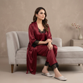 Maroon Silk Lace Nightgown Set 3 Pcs Free Size